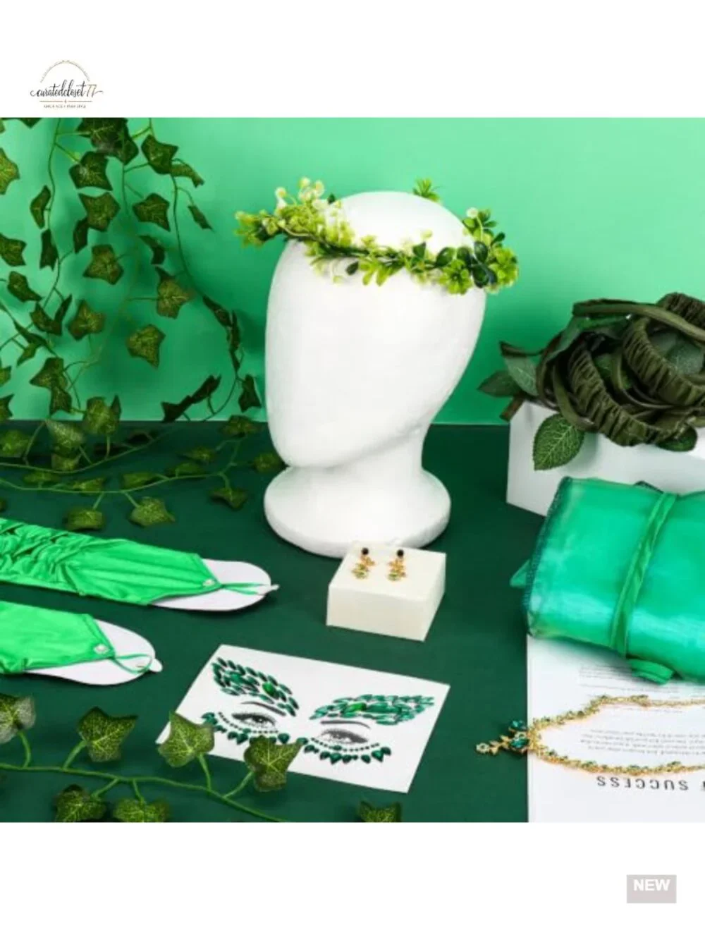 8 Pc Halloween Ivy Costume Accessory Set Green Leaf Crown Waist Cape Satin